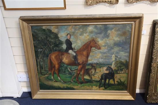 Modern British Portrait of an equestrienne with dogs in a landscape 28 x 36in.